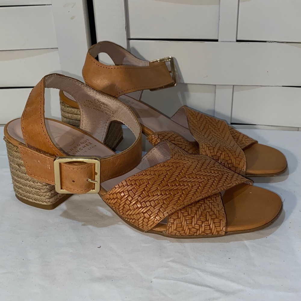 Marroqui Sanchez brown woven leather block heel sandals with an ankle strap